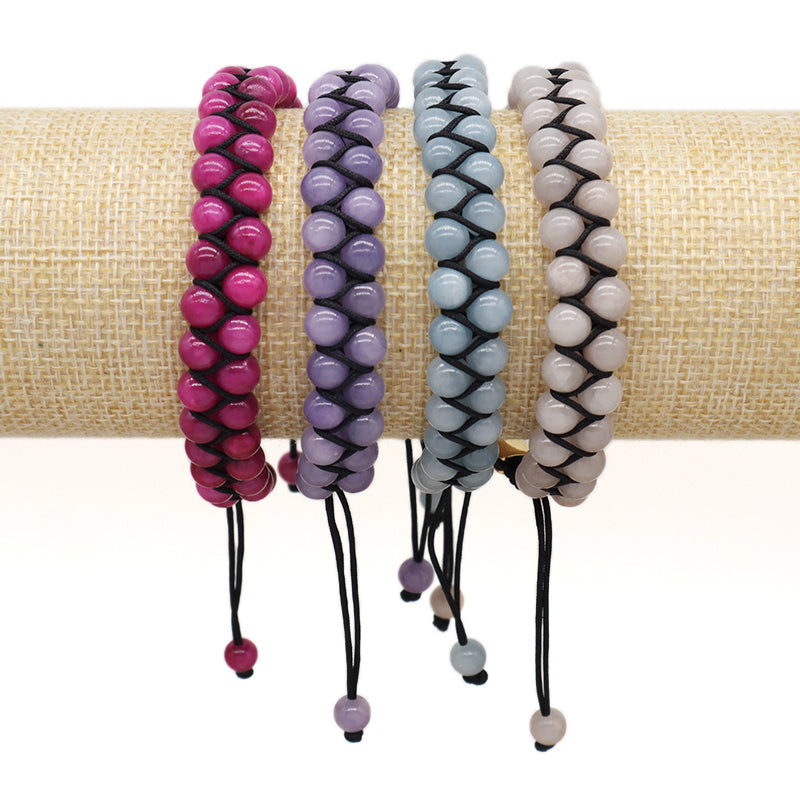 Handmade Yoga Inspirational 6mm Natural Stone Bead Gemstone Adjustable Stainless Steel Macrame Knots Handmade Yoga Bracelet