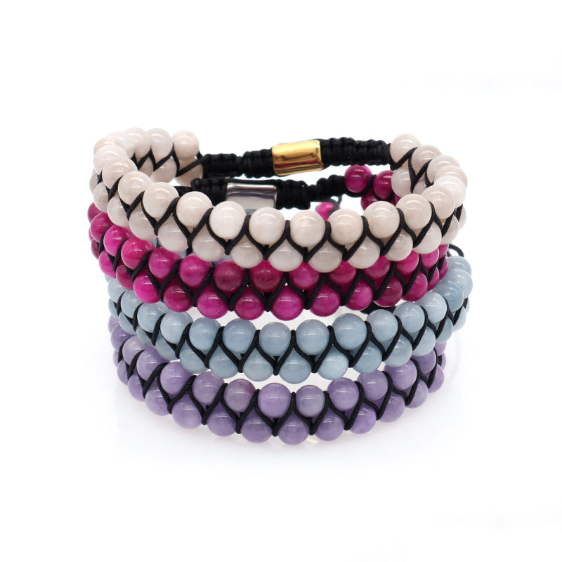 Handmade Yoga Inspirational 6mm Natural Stone Bead Gemstone Adjustable Stainless Steel Macrame Knots Handmade Yoga Bracelet