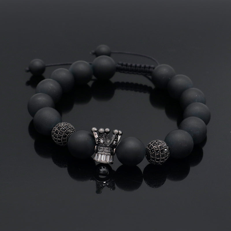 Wholesale Custom Yoga Inspirational Gemstone Adjustable Handmade 12mm Natural Stone Beaded CZ Crown Charm Macrame Knots Bracelet