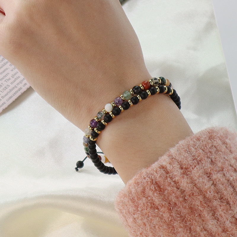 Handmade Custom Gold Plated Brass Charm Adjustable Woven Cord Macrame 4mm Gemstone Natural Stone Beads Bracelet For Women Gift