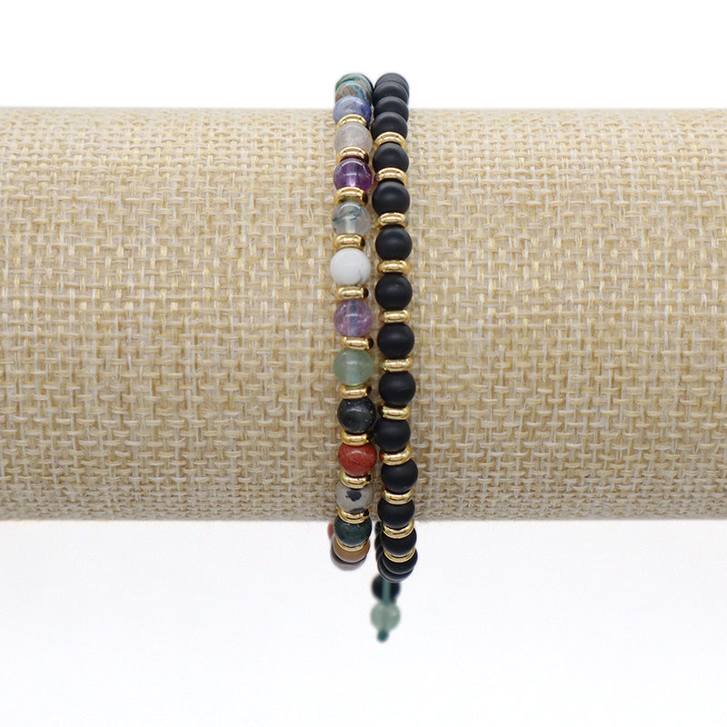 Handmade Custom Gold Plated Brass Charm Adjustable Woven Cord Macrame 4mm Gemstone Natural Stone Beads Bracelet For Women Gift