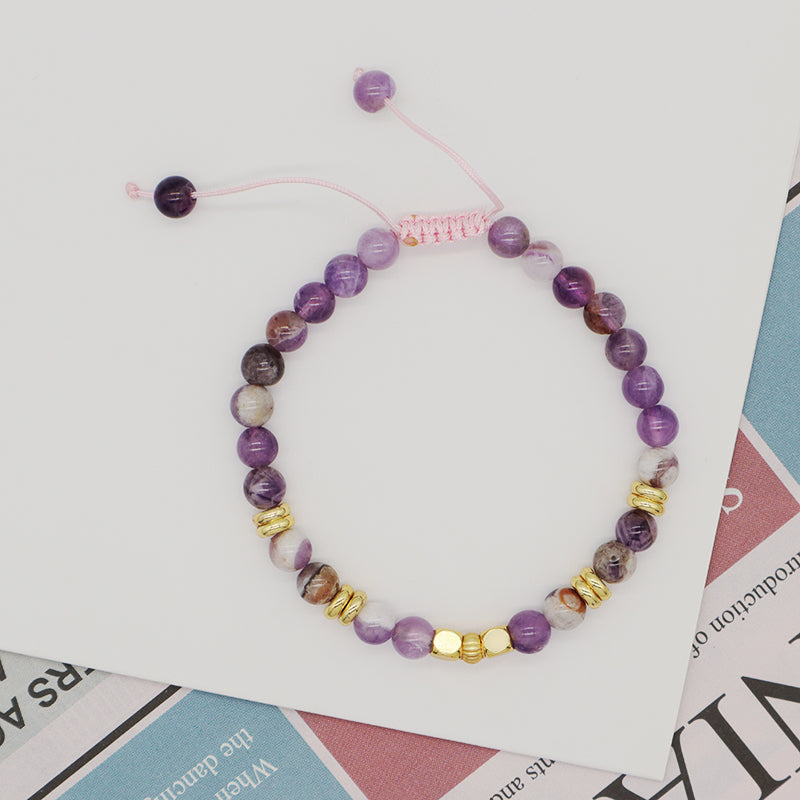 Handmade Custom Women Gift Gold Plated Brass Charm 4mm Purple Gemstone Natural Stone Beads Adjustable Woven Cord Macrame Bracelet
