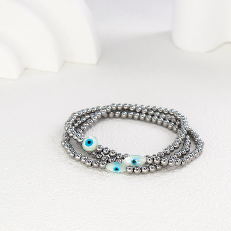 Trendy Women Manufacture Factory OEM Wholesale Custom Handmade Turkish Evil Eyes Shell Charm Stainless Steel Beads Bracelet