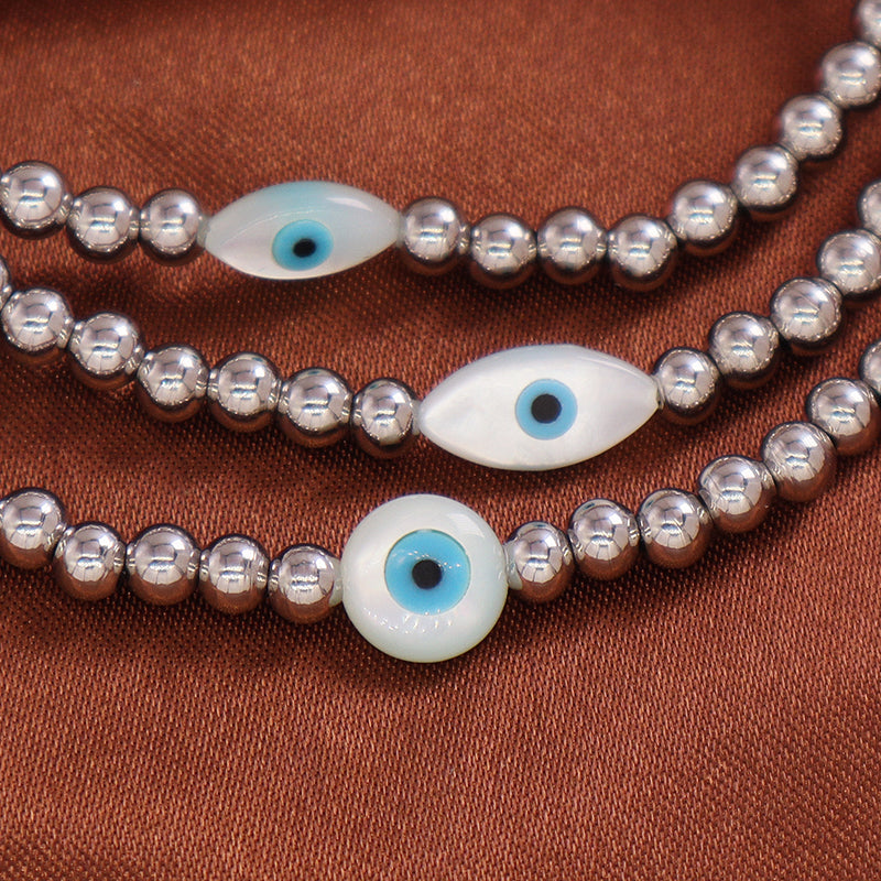 Trendy Women Manufacture Factory OEM Wholesale Custom Handmade Turkish Evil Eyes Shell Charm Stainless Steel Beads Bracelet