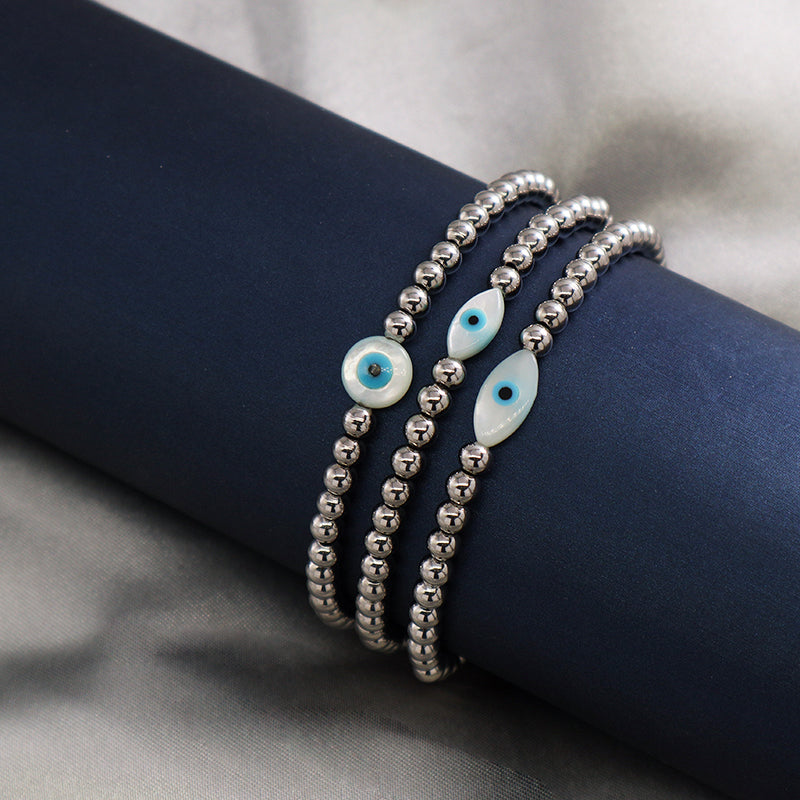 Trendy Women Manufacture Factory OEM Wholesale Custom Handmade Turkish Evil Eyes Shell Charm Stainless Steel Beads Bracelet