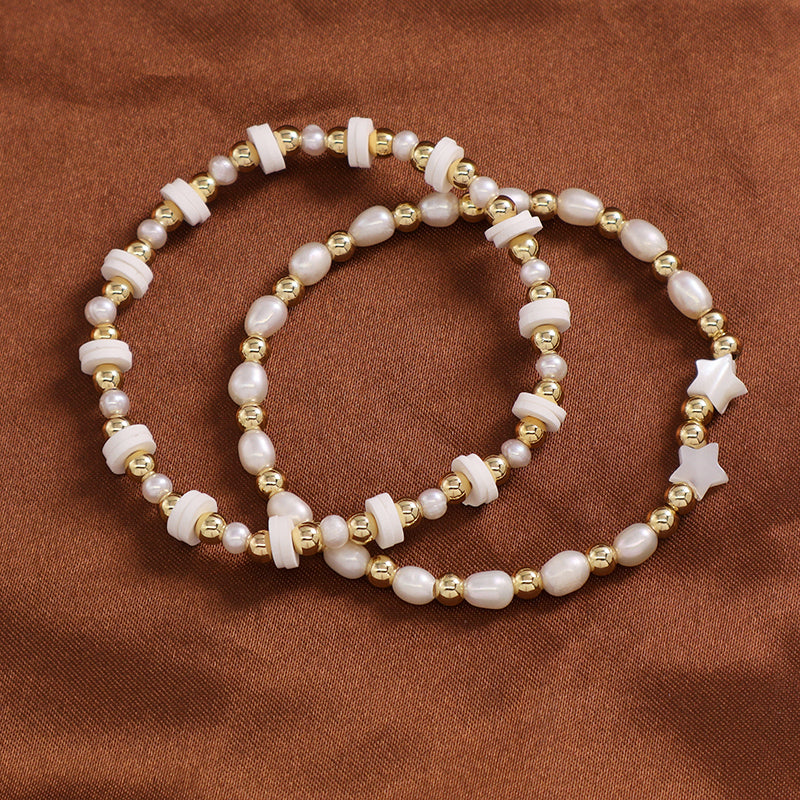 OEM Wholesale Fashion Customized Women Gold Plated Brass Beads Polymer Clay Handmade 6mm Pearl Beads Shell Star Charm Bracelet