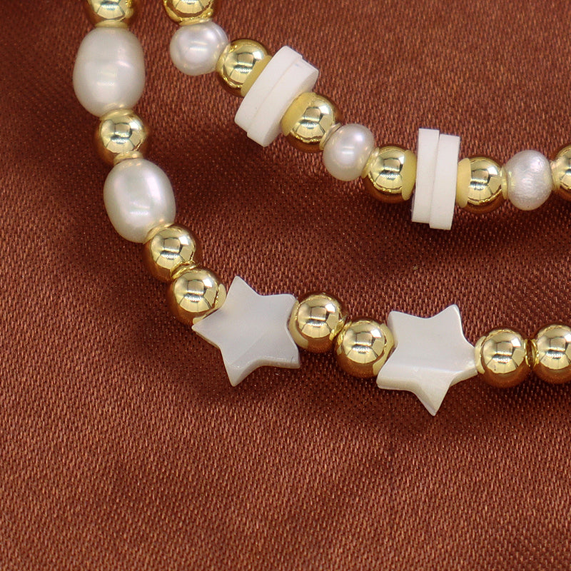 OEM Wholesale Fashion Customized Women Gold Plated Brass Beads Polymer Clay Handmade 6mm Pearl Beads Shell Star Charm Bracelet