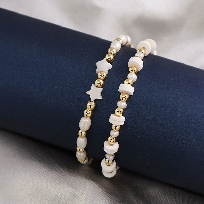 OEM Wholesale Fashion Customized Women Gold Plated Brass Beads Polymer Clay Handmade 6mm Pearl Beads Shell Star Charm Bracelet