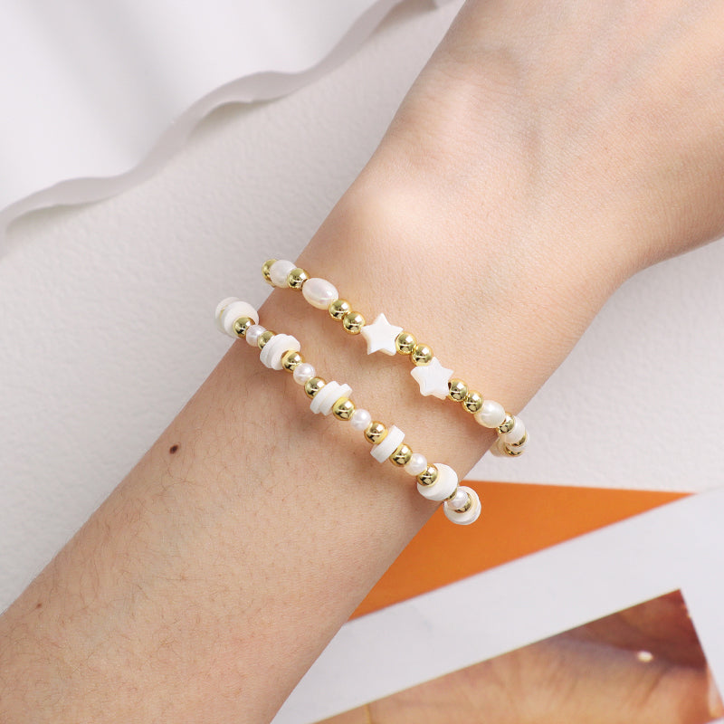 OEM Wholesale Fashion Customized Women Gold Plated Brass Beads Polymer Clay Handmade 6mm Pearl Beads Shell Star Charm Bracelet