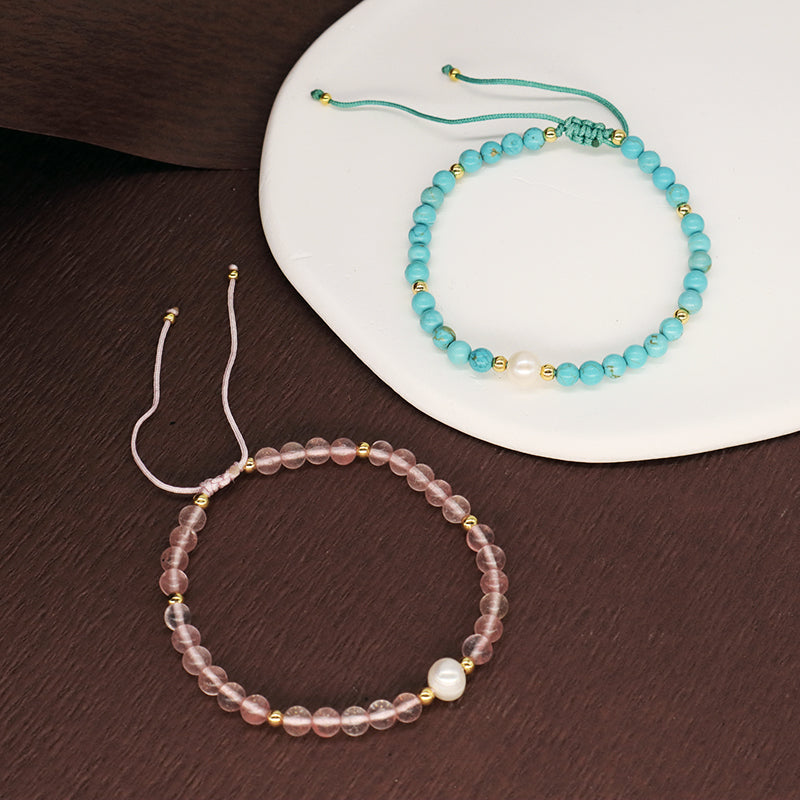 Fashion Custom Women 4mm Gold Plated Beaded Jewelry Handmade Adjustable Woven Pearl Gemstone Natural Stone Beads Macrame Bracelet