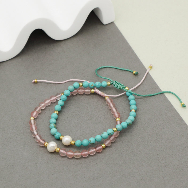 Fashion Custom Women 4mm Gold Plated Beaded Jewelry Handmade Adjustable Woven Pearl Gemstone Natural Stone Beads Macrame Bracelet