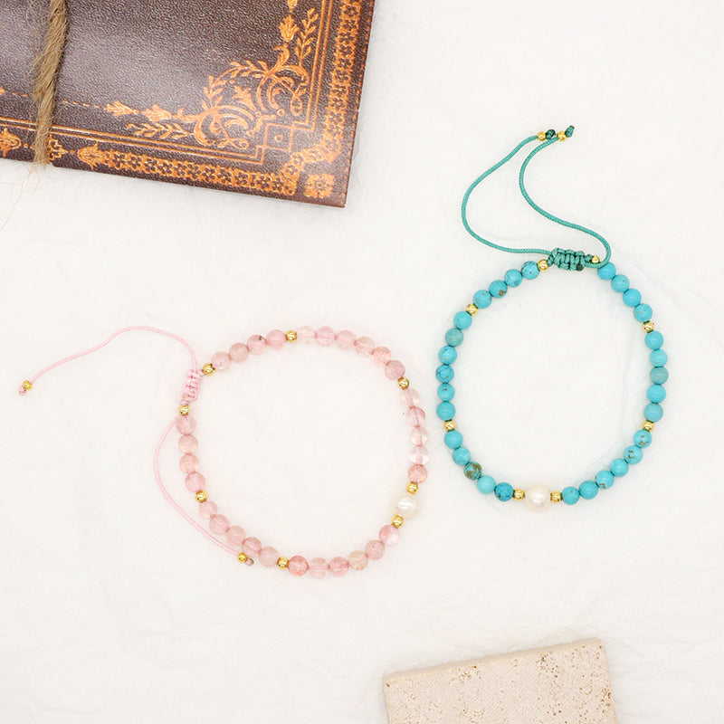Fashion Custom Women 4mm Gold Plated Beaded Jewelry Handmade Adjustable Woven Pearl Gemstone Natural Stone Beads Macrame Bracelet
