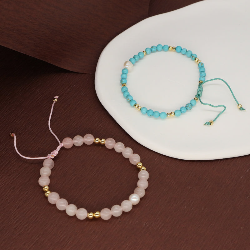 Customized Women Gold Plated Beaded Jewelry Handmade Adjustable Woven Macrame Pearl 4mm 6mm Gemstone Natural Stone Beads Bracelet