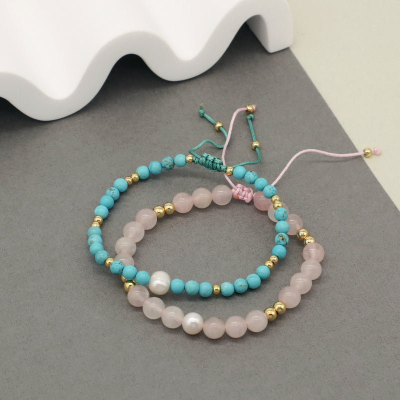 Customized Women Gold Plated Beaded Jewelry Handmade Adjustable Woven Macrame Pearl 4mm 6mm Gemstone Natural Stone Beads Bracelet