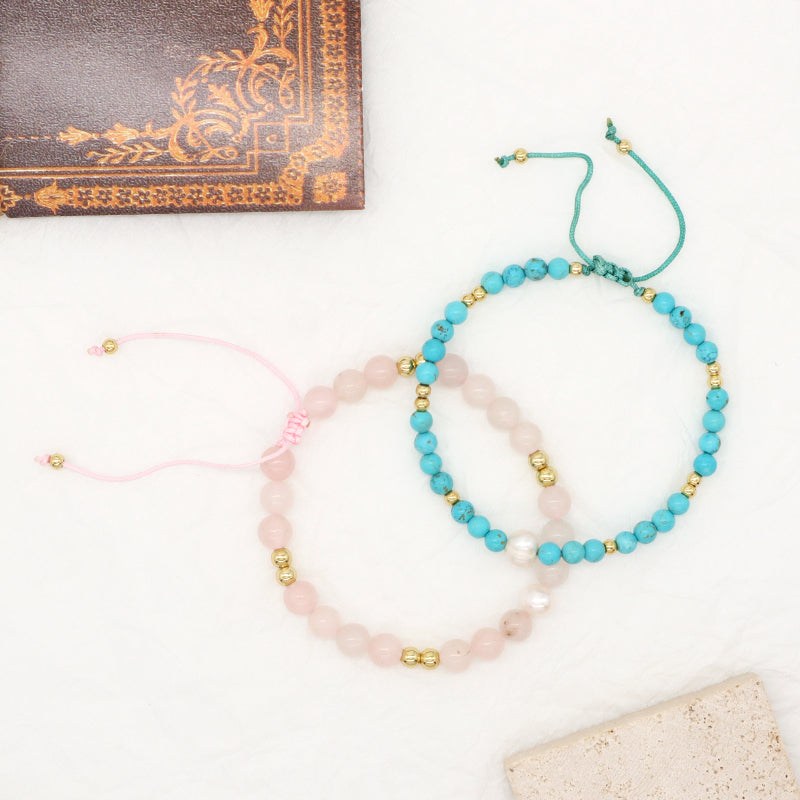 Customized Women Gold Plated Beaded Jewelry Handmade Adjustable Woven Macrame Pearl 4mm 6mm Gemstone Natural Stone Beads Bracelet