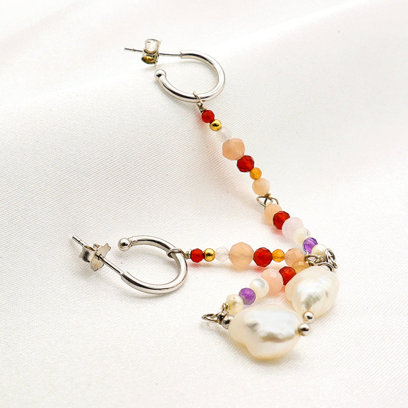 Custom Factory Manufacture Handmade Women Rhodium Plated 925 Sterling Silver Natural Stone Fresh Water Pearl Dangle Earrings