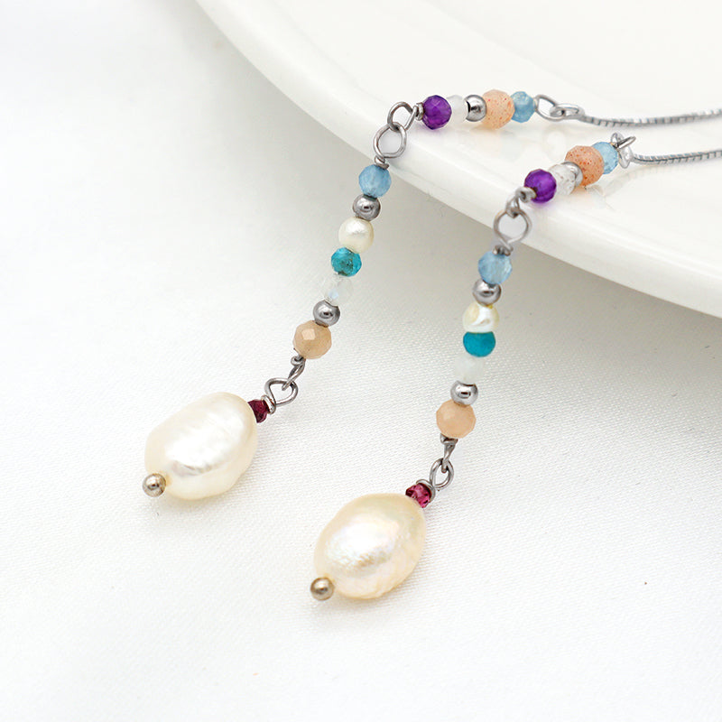 Natural stone & 8-9mm natural fresh water pearl 925 sterling silver earring
