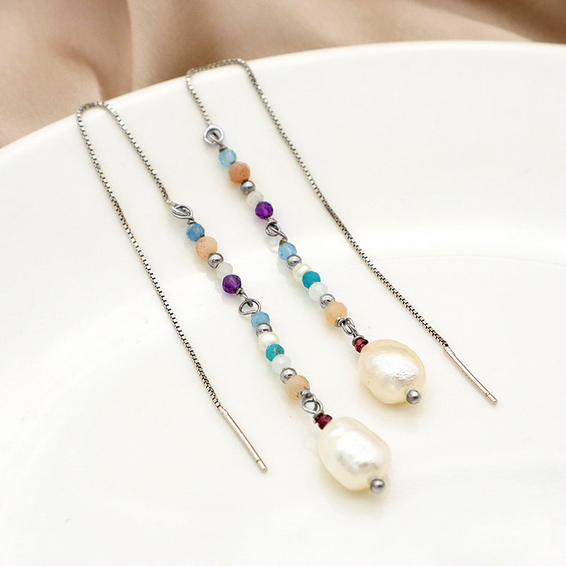 Natural stone & 8-9mm natural fresh water pearl 925 sterling silver earring