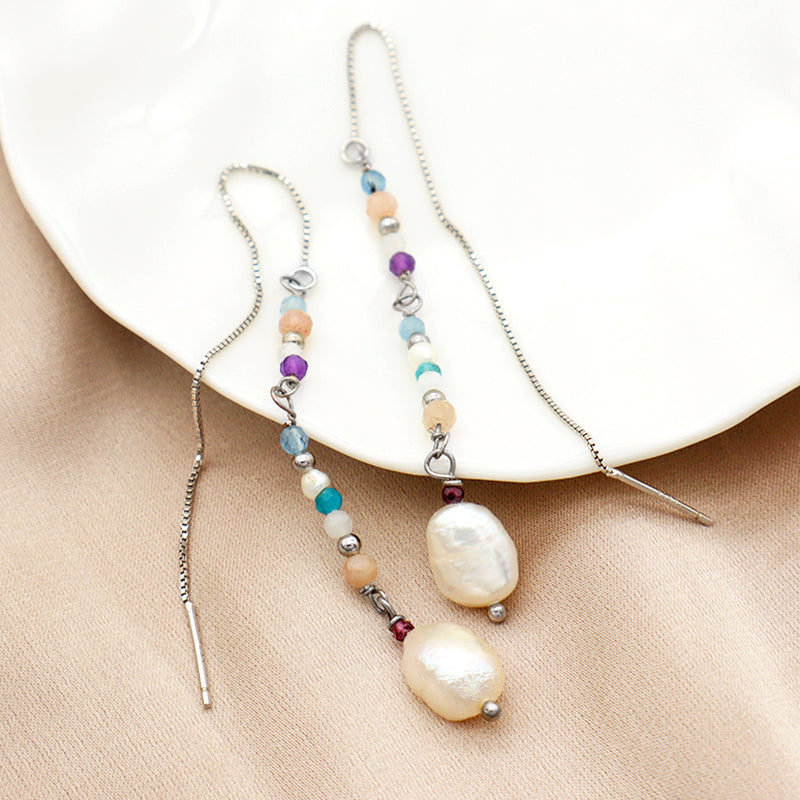 Natural stone & 8-9mm natural fresh water pearl 925 sterling silver earring