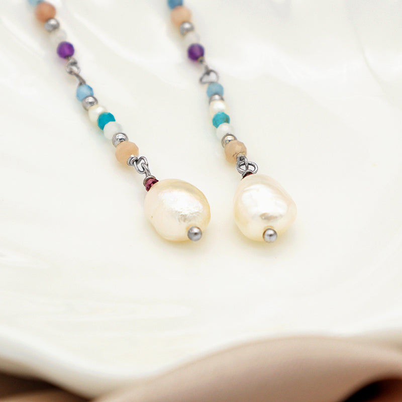 Natural stone & 8-9mm natural fresh water pearl 925 sterling silver earring