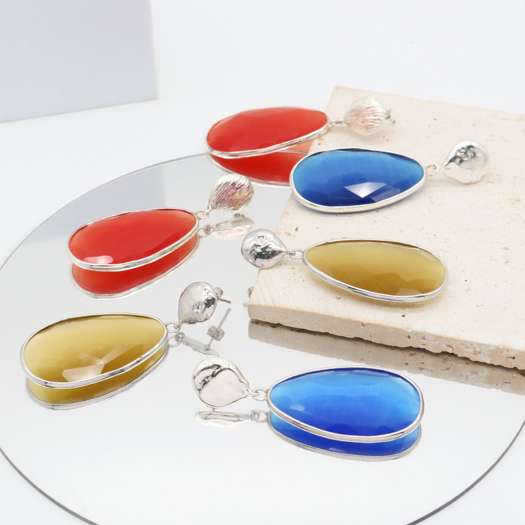 Custom Women Gift Jewelry Wholesale Factory Blue Orange Teardrop Natural Stone Earring Stud Rhodium Plated Cat's Eye Earrings