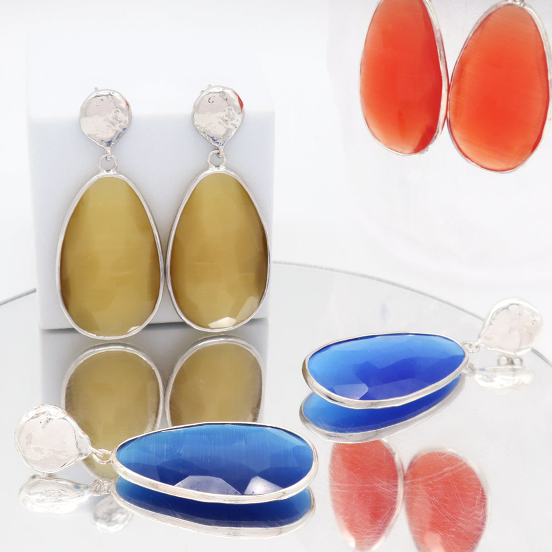 Custom Women Gift Jewelry Wholesale Factory Blue Orange Teardrop Natural Stone Earring Stud Rhodium Plated Cat's Eye Earrings