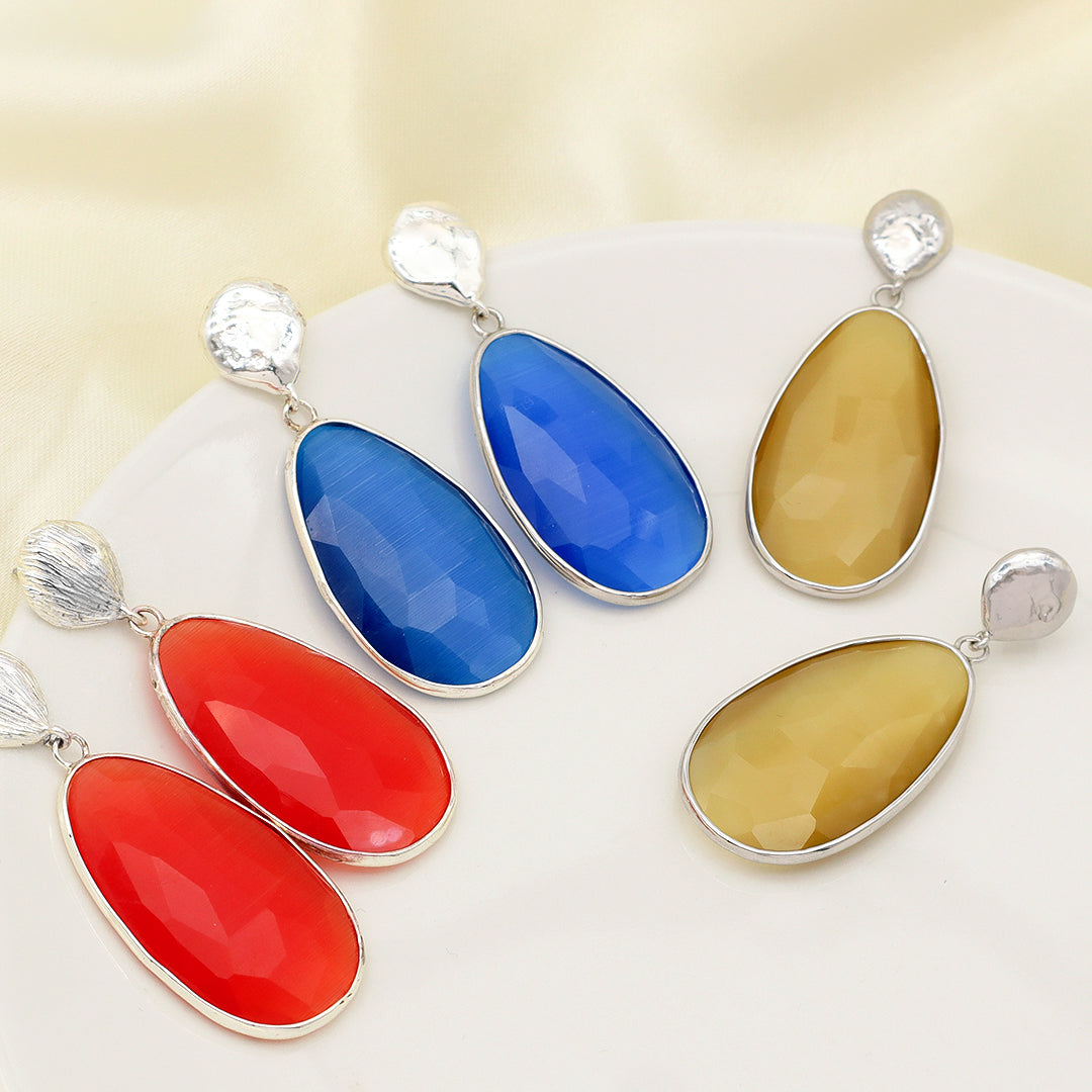 Custom Women Gift Jewelry Wholesale Factory Blue Orange Teardrop Natural Stone Earring Stud Rhodium Plated Cat's Eye Earrings