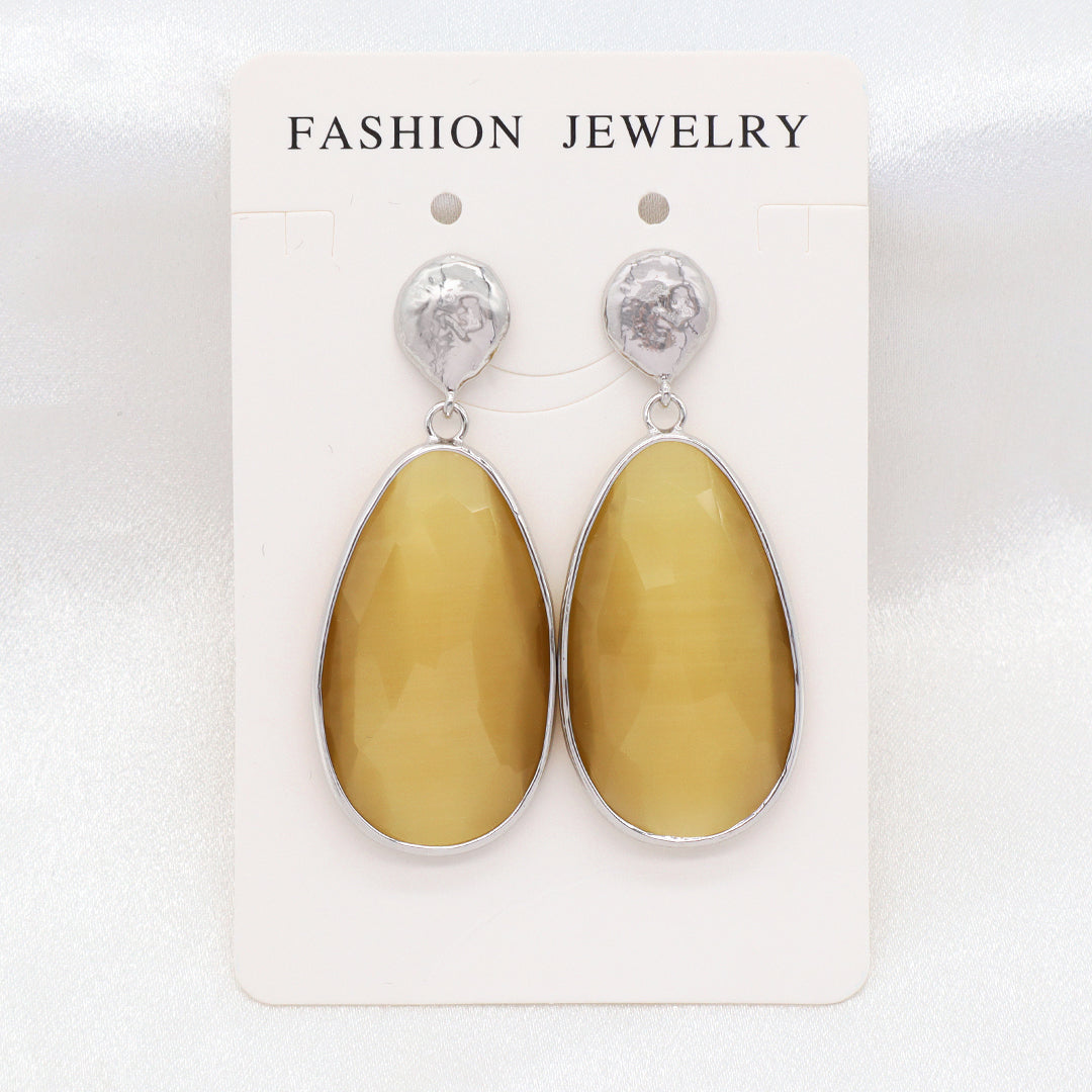 Custom Women Gift Jewelry Wholesale Factory Blue Orange Teardrop Natural Stone Earring Stud Rhodium Plated Cat's Eye Earrings