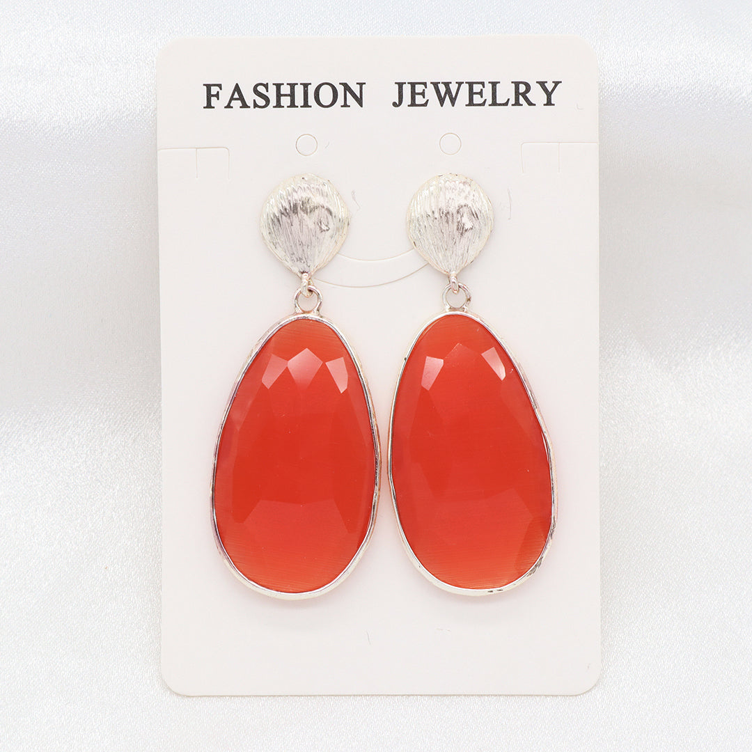 Custom Women Gift Jewelry Wholesale Factory Blue Orange Teardrop Natural Stone Earring Stud Rhodium Plated Cat's Eye Earrings