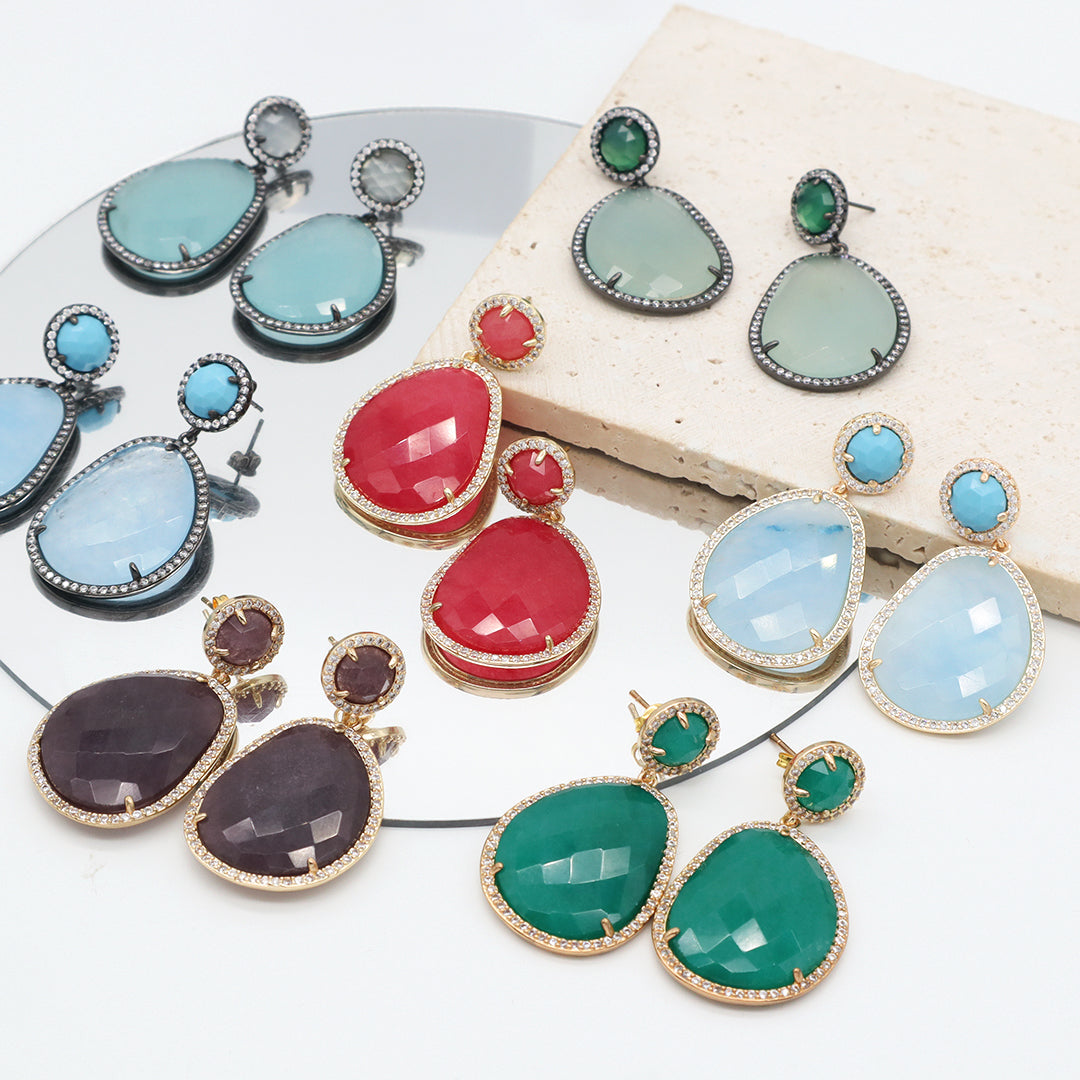 Various Wholesale Custom Teardrop Blue Purple Red Green Jade Earring Stud CZ Gold Plated Natural Stone Earrings For Women Gift