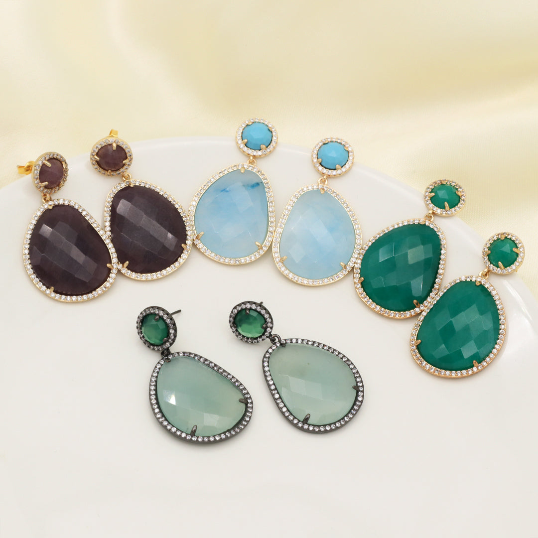Various Wholesale Custom Teardrop Blue Purple Red Green Jade Earring Stud CZ Gold Plated Natural Stone Earrings For Women Gift