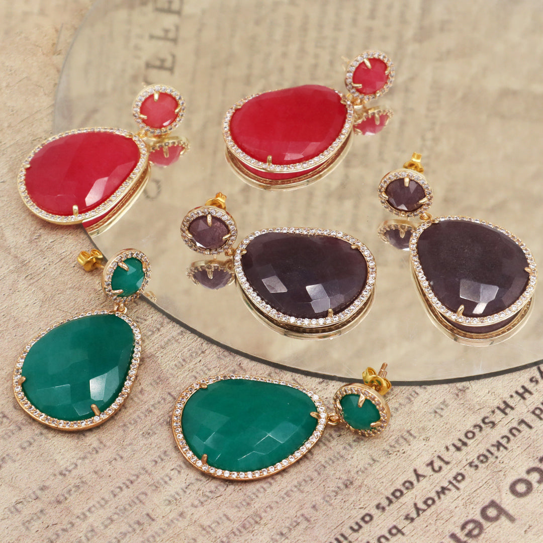 Various Wholesale Custom Teardrop Blue Purple Red Green Jade Earring Stud CZ Gold Plated Natural Stone Earrings For Women Gift