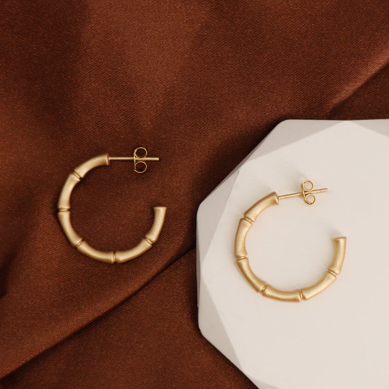 Wholesale Manufacture Customized New Arrival Fashion Women Gift Gold Plated 925 Sterling Silver Frosted Bamboo Hoop Earrings