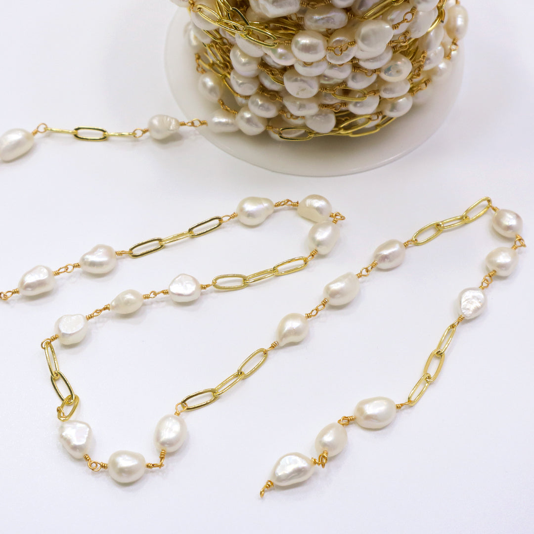 Wholesale Factory Bulk Roll chain Custom Women Gold plated fresh water pearl chain roll for Jewelry Making
