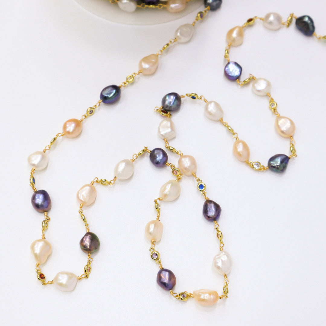 Wholesale Factory Bulk Roll chain Custom Women Gold plated fresh water pearl chain roll for Jewelry Making
