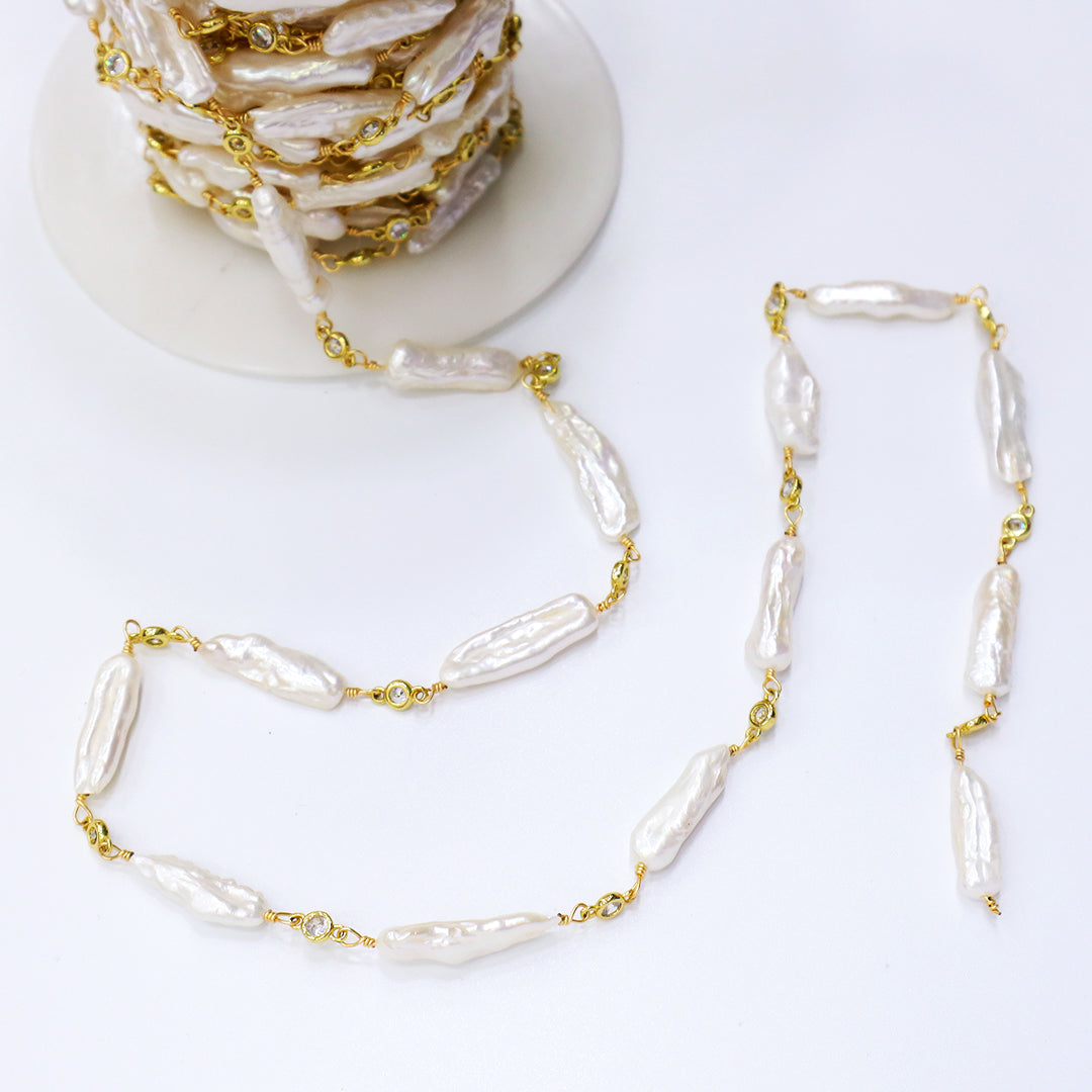Wholesale Factory Bulk Roll chain Custom Women Gold plated fresh water pearl chain roll for Jewelry Making