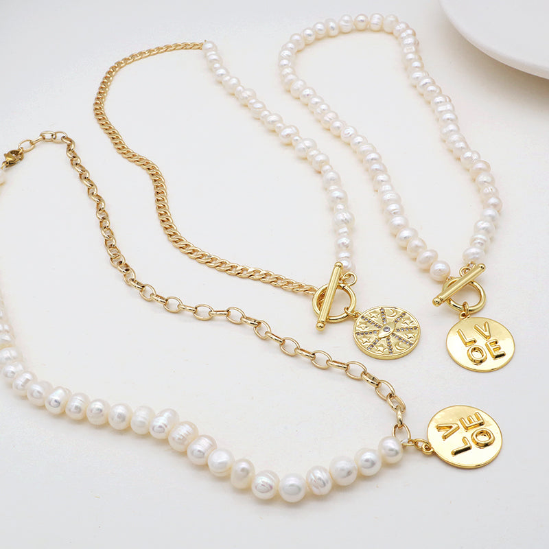 OEM Gold Plated Ot Clasp Toggle Round Eyes Love Pendant Choker Necklace Fresh Water Pearl Jewelry Necklace