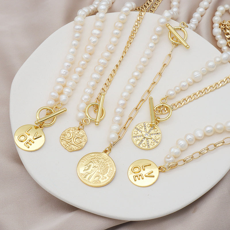 OEM Gold Plated Ot Clasp Toggle Round Eyes Love Pendant Choker Necklace Fresh Water Pearl Jewelry Necklace