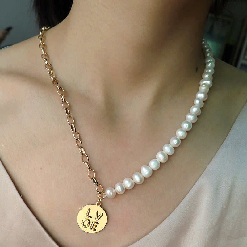 OEM Gold Plated Ot Clasp Toggle Round Eyes Love Pendant Choker Necklace Fresh Water Pearl Jewelry Necklace