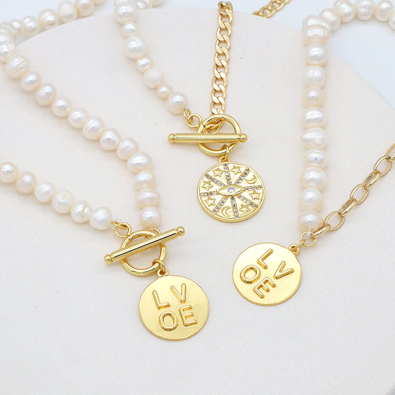 OEM Gold Plated Ot Clasp Toggle Round Eyes Love Pendant Choker Necklace Fresh Water Pearl Jewelry Necklace