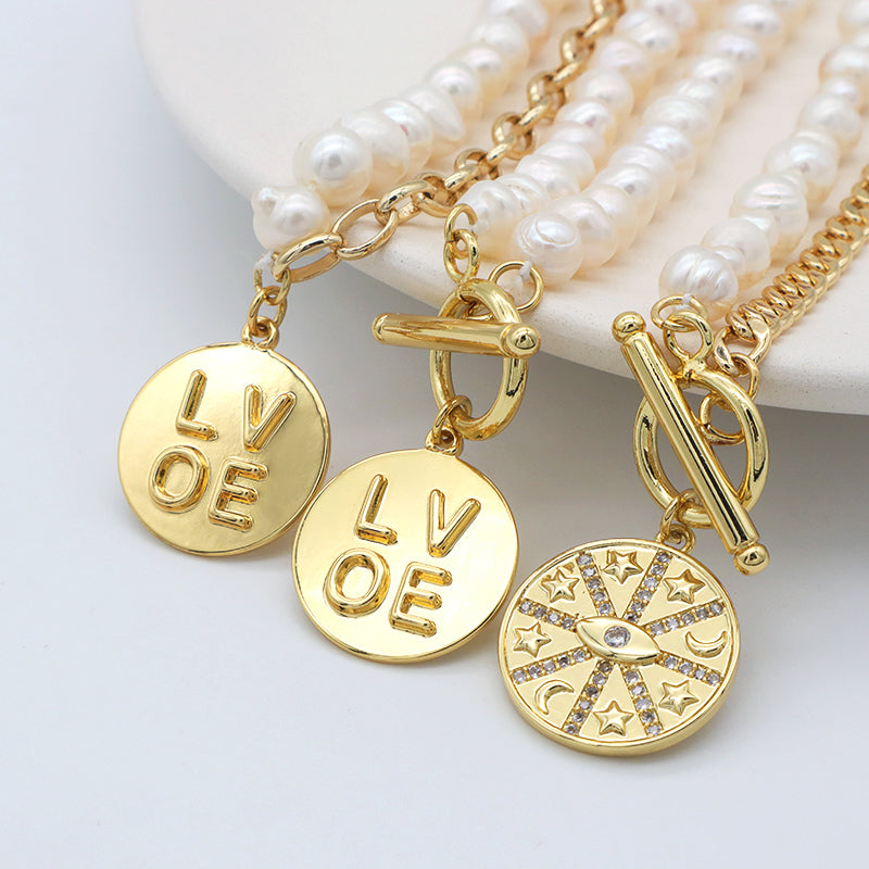 OEM Gold Plated Ot Clasp Toggle Round Eyes Love Pendant Choker Necklace Fresh Water Pearl Jewelry Necklace
