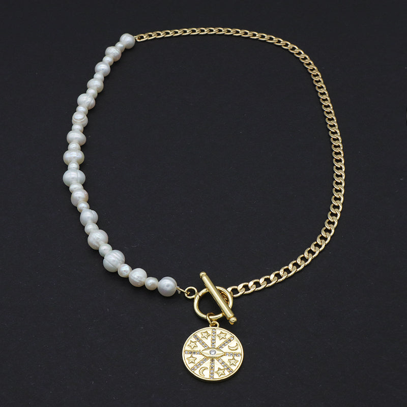 OEM Gold Plated Ot Clasp Toggle Round Eyes Love Pendant Choker Necklace Fresh Water Pearl Jewelry Necklace