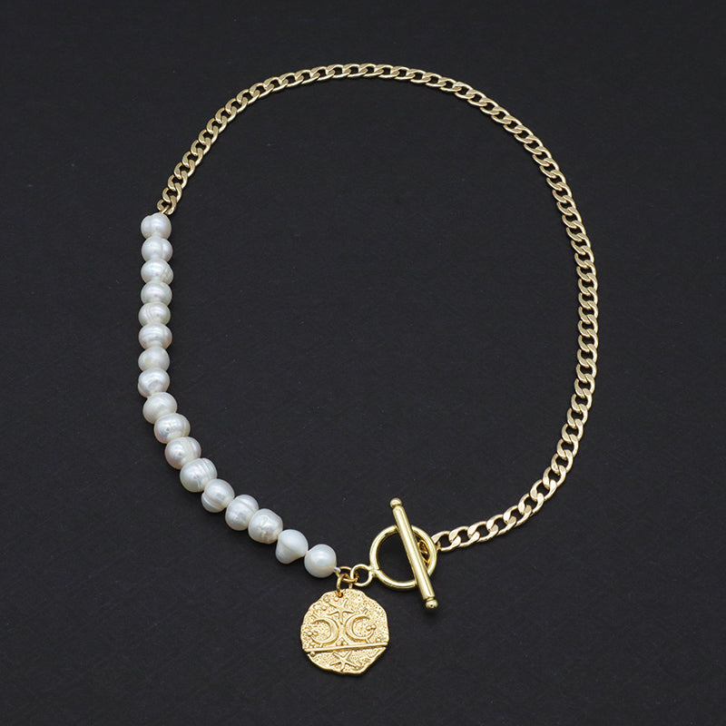 OEM Gold Plated Ot Clasp Toggle Round Eyes Love Pendant Choker Necklace Fresh Water Pearl Jewelry Necklace