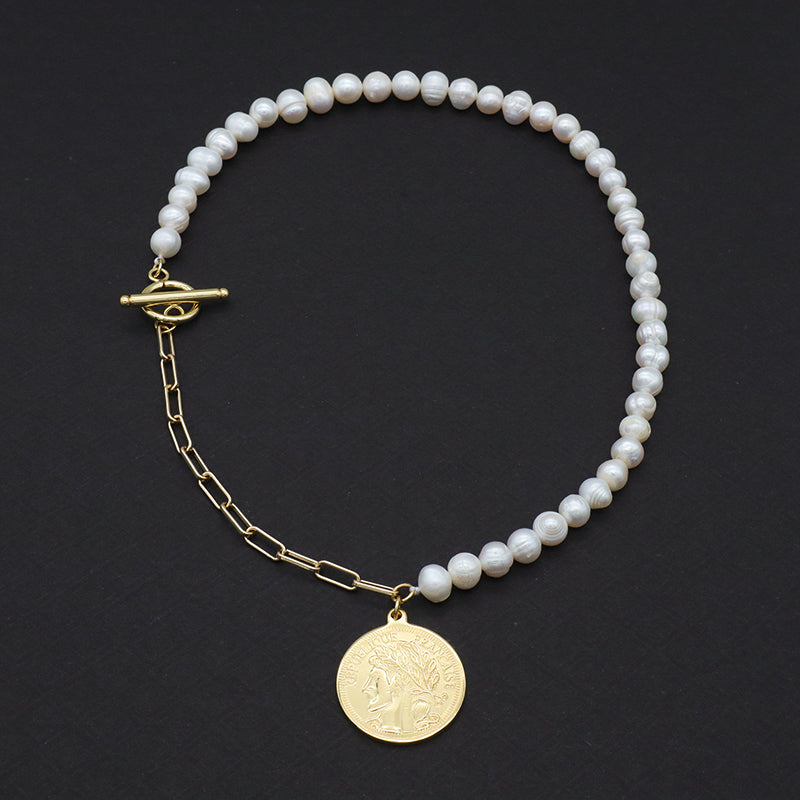 OEM Gold Plated Ot Clasp Toggle Round Eyes Love Pendant Choker Necklace Fresh Water Pearl Jewelry Necklace