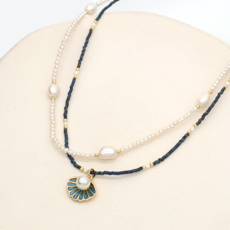 Double Layer Customized Women Handmade Adjustable Gold Plated Freshwater Pearl Miyuki Beads Shell Starfish Conch Pendant Necklace