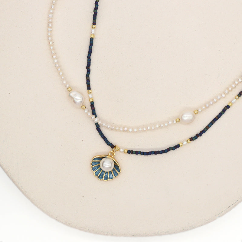 Double Layer Customized Women Handmade Adjustable Gold Plated Freshwater Pearl Miyuki Beads Shell Starfish Conch Pendant Necklace