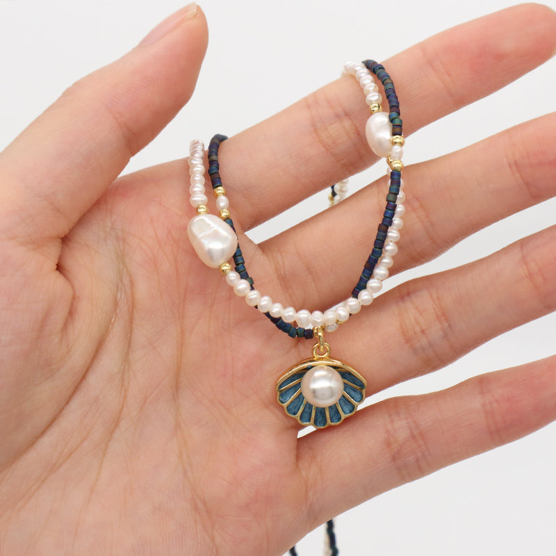 Double Layer Customized Women Handmade Adjustable Gold Plated Freshwater Pearl Miyuki Beads Shell Starfish Conch Pendant Necklace