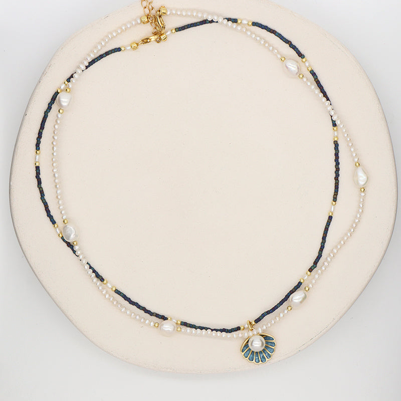 Double Layer Customized Women Handmade Adjustable Gold Plated Freshwater Pearl Miyuki Beads Shell Starfish Conch Pendant Necklace