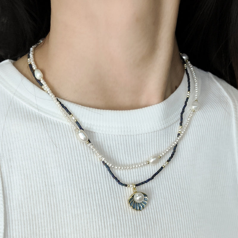Double Layer Customized Women Handmade Adjustable Gold Plated Freshwater Pearl Miyuki Beads Shell Starfish Conch Pendant Necklace
