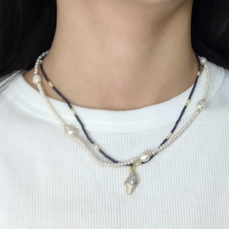 Double Layer Customized Women Handmade Adjustable Gold Plated Freshwater Pearl Miyuki Beads Shell Starfish Conch Pendant Necklace
